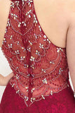 Mermaid Deep V-Neck Sweep Train Dark Red Lace Sleeveless Prom Dress with Beading LR112