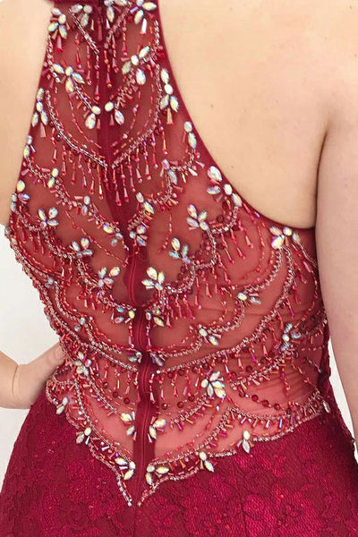 Mermaid Deep V-Neck Sweep Train Dark Red Lace Sleeveless Prom Dress with Beading LR112