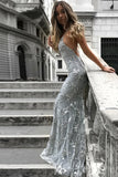 Mermaid Deep V-Neck Backless Sweep Train Grey Tulle Prom Dress with Appliques AHC502