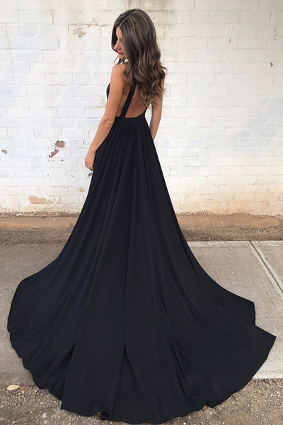A-Line Deep V-Neck Court Train Sleeveless Backless Black Chiffon Prom Dress AHC666 | ballgownbridal