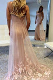 Mermaid Spaghetti Straps Sweep Train Pearl Pink Prom Dress with Appliques Beading LR188