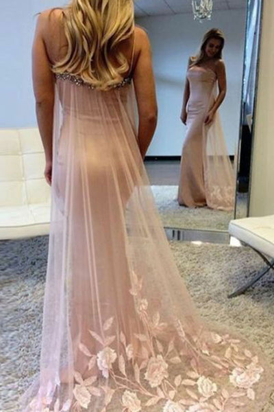 Mermaid Spaghetti Straps Sweep Train Pearl Pink Prom Dress with Appliques Beading LR188