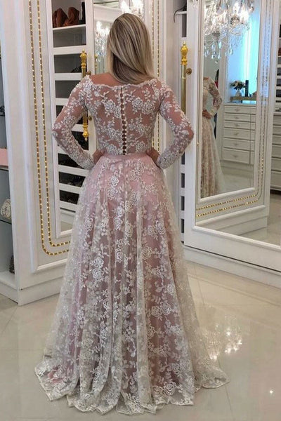 A-Line Off-the-Shoulder Sweep Train Long Sleeves Blush Lace Prom Dress with Belt LRA421