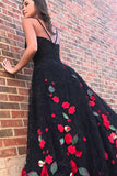 A-Line Spaghetti Straps Sweep Train Black Lace Sleeveless Prom Dress with Appliques LR127