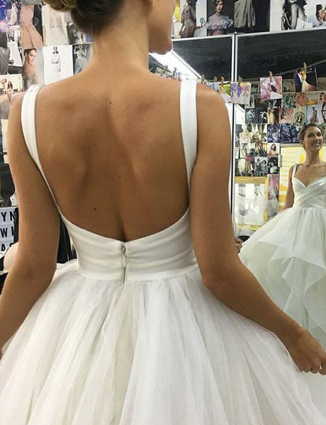 Gorgeous A Line V Neck White Tulle Long Wedding Dresses 2020 PDA180