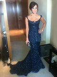 Mermaid Scoop Sweep Train Navy Blue Sequined Prom Dress PDA526 | ballgownbridal