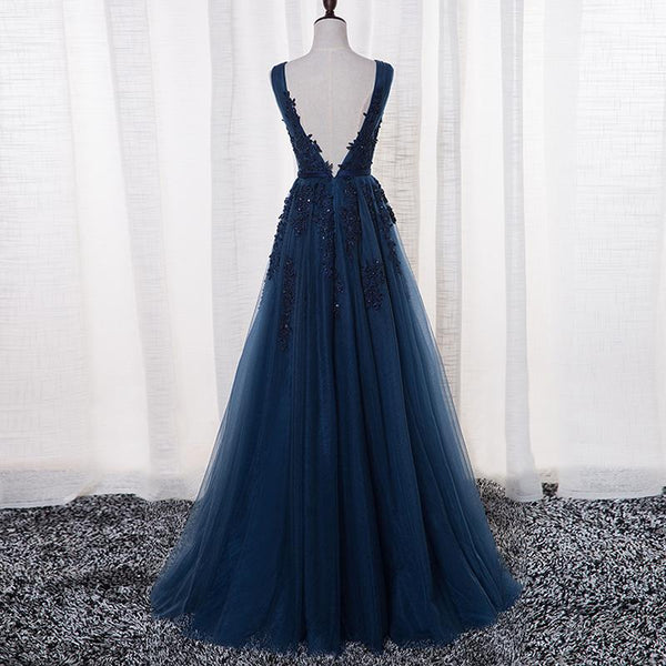 Princess Cut V-neck Floor length Tulle Prom Dress/Evening Dress With Appliques PDA426