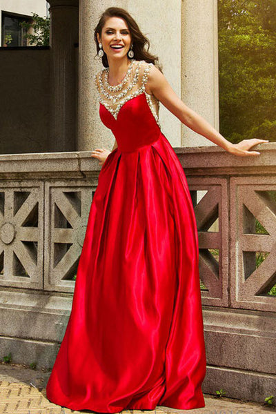 A-Line Jewel Sweep Train Red Satin Sleeveless Prom Dress with Beading LR190