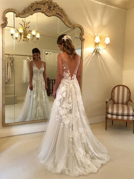 Gorgeous Off Shoulder Sweetheart Low Back Lace Wedding Dresses Long Bridal Dress AHC561