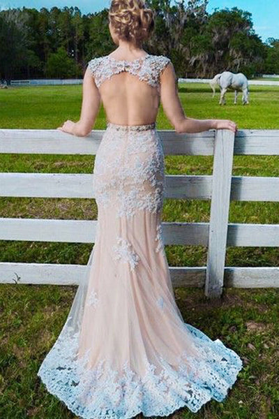 Mermaid Jewel Sweep Train Open Back Champagne Tulle Prom Dress with Applqiues  AHC667 | ballgownbridal