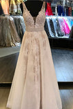 A-Line Deep V-Neck Floor-Length White Tulle Backless Prom Dress with Appliques Lace LR134