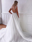 Charming A Line V Neck White Wedding Dresses Appliques Open Back PDA032 | ballgownbridal