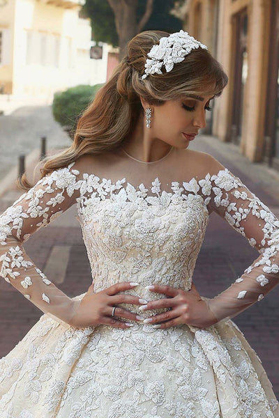 Ball Gown Jewel Chapel Train Long Sleeves White Lace Wedding Dress with Appliques AHC572