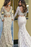 Mermaid Deep V-Neck Court Train Long Sleeves White Lace Beaded Wedding Dress  AHC558