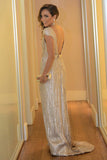Mermaid Bateau Sweep Train Cap Sleeves Silver Sequined Backless Belt Prom Dress LR196