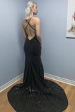 Mermaid Spaghetti Straps Backless Sweep Train Black Sequined Prom Dress LR28