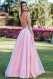 A-Line Spaghetti Straps Backless Pink Organza Long Prom Dress LRA002