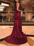 Trumpet/Mermaid Sleeveless V-neck Sweep/Brush Train Ruffles Sequins Dresses LR3