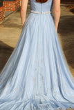 A-Line Sweetheart Sweep Train Blue Tulle Sleeveless Prom Dress with Beading Sequins LR93