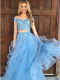 Two Piece Off-the-Shoulder Floor-Length Sky Blue Tiered Prom Dress with Appliques PDA288 | ballgownbridal
