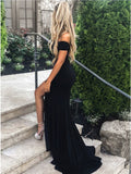 Mermaid Off-the-Shoulder Sweep Train Black Prom Party Dress with Split PDA363 | ballgownbridal