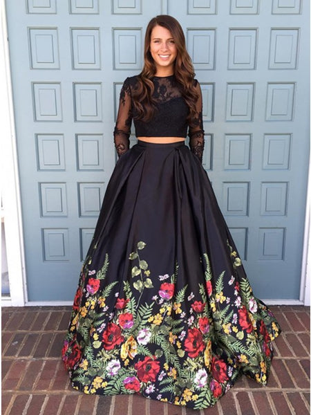 Two Piece Round Neck Long Sleeves Black Floral Satin Prom Dress with Lace Pockets PDA331 | ballgownbridal
