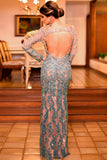 Mermaid Boat Neck Long Sleeves Green Lace Open Back Prom Dress with Appliques LR447