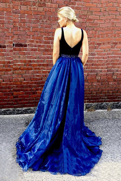 A-Line Deep V-Neck Sweep Train Split Royal Blue Lace Beaded Prom Dress AHC524 | ballgownbridal