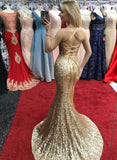 Gold Sequins Long V Neck Mermaid Evening Dress PDA512 | ballgownbridal