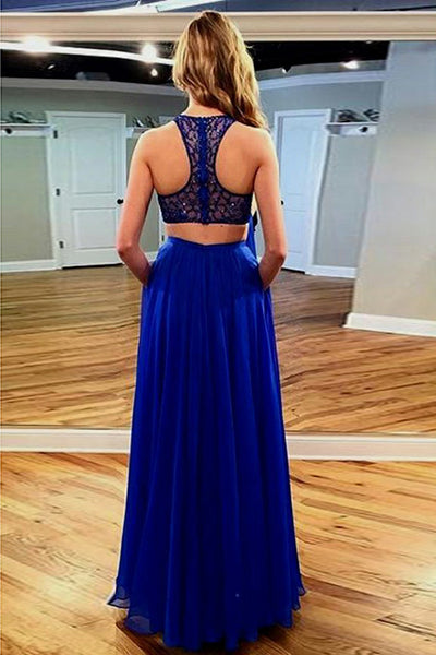 Two Piece Jewel Floor-Length Royal Blue Chiffon Prom Dress with Lace Pockets LR55