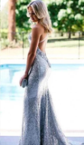 Silver Sparkly Sequins Mermaid V-neck Spaghetti Straps Prom Dress Party Dresses LR10