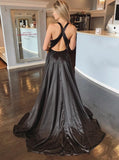 A-Line Deep V-Neck Criss-Cross Back Sweep Train Black Prom Dress with Split PDA391 | ballgownbridal