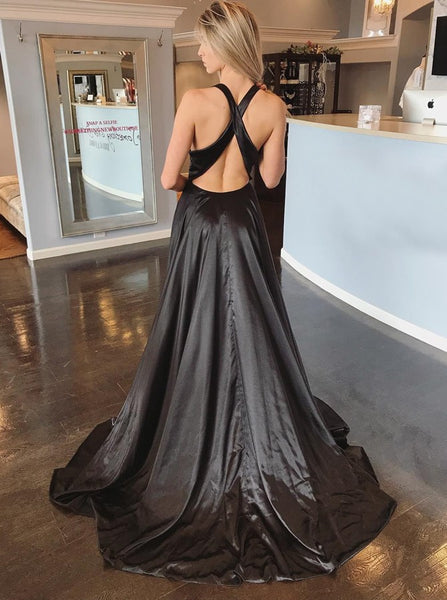 A-Line Deep V-Neck Criss-Cross Back Sweep Train Black Prom Dress with Split PDA391 | ballgownbridal