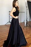 Two Piece Jewel Sweep Train Black Split Satin Prom Dress with Beading LR384 | ballgownbridal