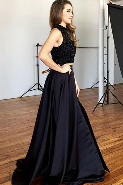 Two Piece Jewel Sweep Train Black Split Satin Prom Dress with Beading LR384 | ballgownbridal