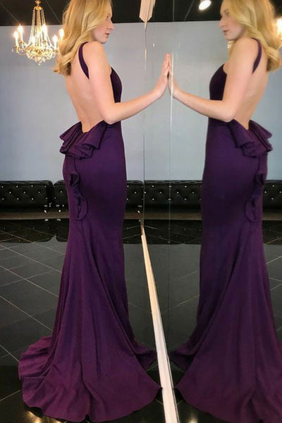 Mermaid Crew Sweep Train Grape Satin Backless Sleeveless Prom Dress with Ruffles LR131