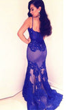 Mermaid Spaghetti Straps Sweep Train Royal Blue Tulle Appliques Prom Dress AHC537