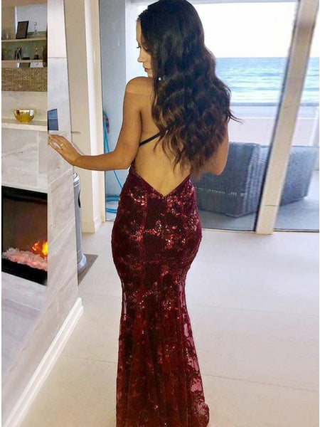 Mermaid Spaghetti Straps Burgundy Prom Dress with Appliques Sequins PDA309 | ballgownbridal