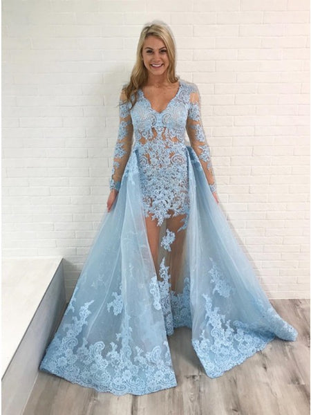 Mermaid V-Neck Long Sleeves Light Blue Organza Overskirt Prom Dress with Appliques PDA338 | ballgownbridal