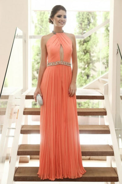 A-Line Jewel Floor-Length Coral Chiffon Keyhole Prom Dress with Beading LRA199