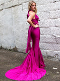 Mermaid Deep V-Neck Open Back Sweep Train Fuchsia Convertible Prom  PDA390 | ballgownbridal