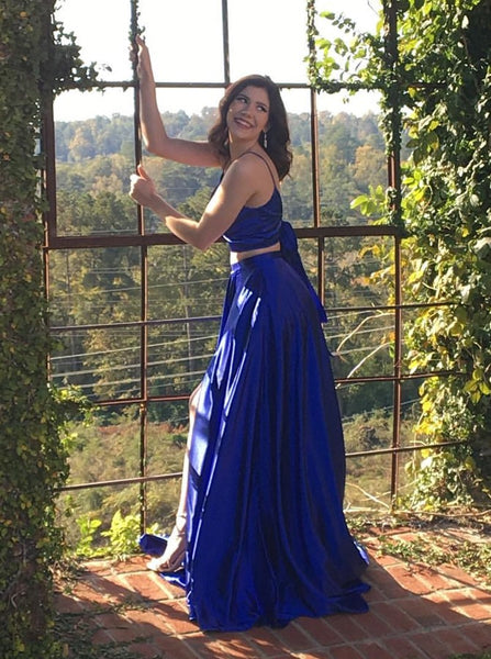 Two Piece Spaghetti Straps Backless Royal Blue Long Prom Dress with Split Pockets PDA417 | ballgownbridal