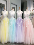 A-Line V-Neck Floor-Length Pink Prom Dress with Appliques Pearls ODA016 | ballgownbridal