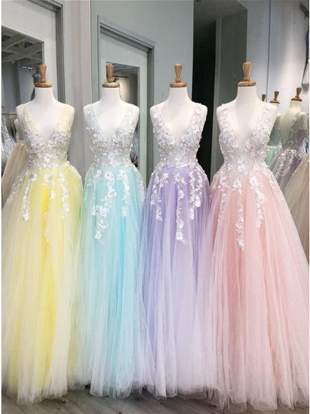 A-Line V-Neck Floor-Length Pink Prom Dress with Appliques Pearls ODA016 | ballgownbridal