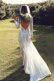White Sheath Brush Train Long Sleeve Backless Lace Wedding Dress AHC559