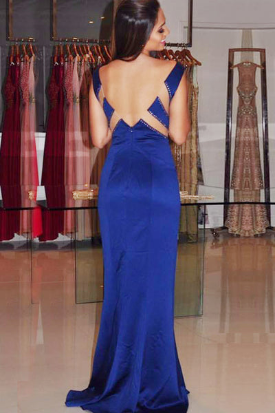 Mermaid V-Neck Sweep Train Royal Blue Satin Backless Prom Dress with Beading LR461