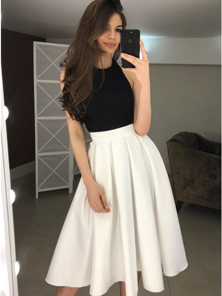 A-Line Halter Backless Tea-Length White Prom Homecoming Dress with Pleats PDA348 | ballgownbridal