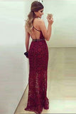 Mermaid Crew Floor-Length Keyhole Burgundy Lace Prom Dress with Beading LR339