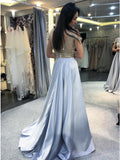 A-Line V-Neck Cold Shoulder Sweep Train Light Blue Prom Dress with Beading PDA372 | ballgownbridal