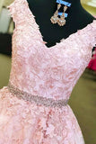 A-Line V-Neck Sweep Train Pink Tulle Prom Dress with Appliques Beading LR398